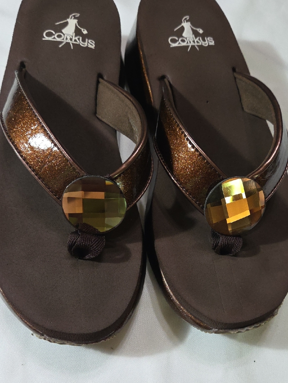 Corkys Brown Glitter Thong Sandals with Amber Jewel